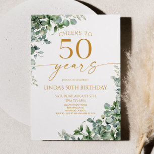 Invitation Fête d'anniversaire 50 ans Green Eucalyptus Gold