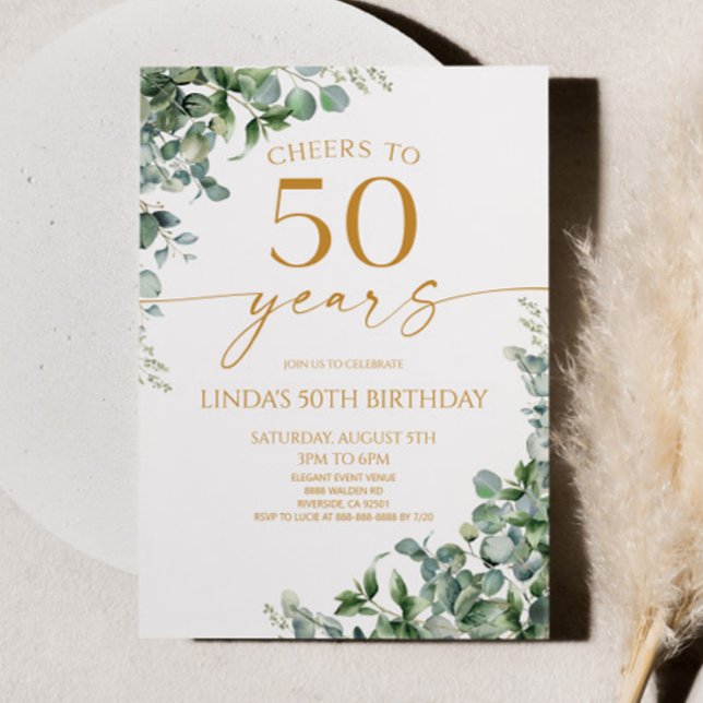 Invitation Fête d'anniversaire 50 ans Green Eucalyptus Gold (Créateur téléchargé)