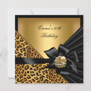 Invitation Fête d'anniversaire 50 ans Léopard Doré Noir Arc