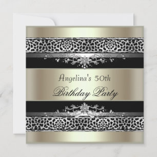 Invitation Fête d'anniversaire 50 ans Léopard Noir Menthe Or