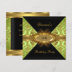 Invitation Fête d'anniversaire 50 ans lime vert or noir damas