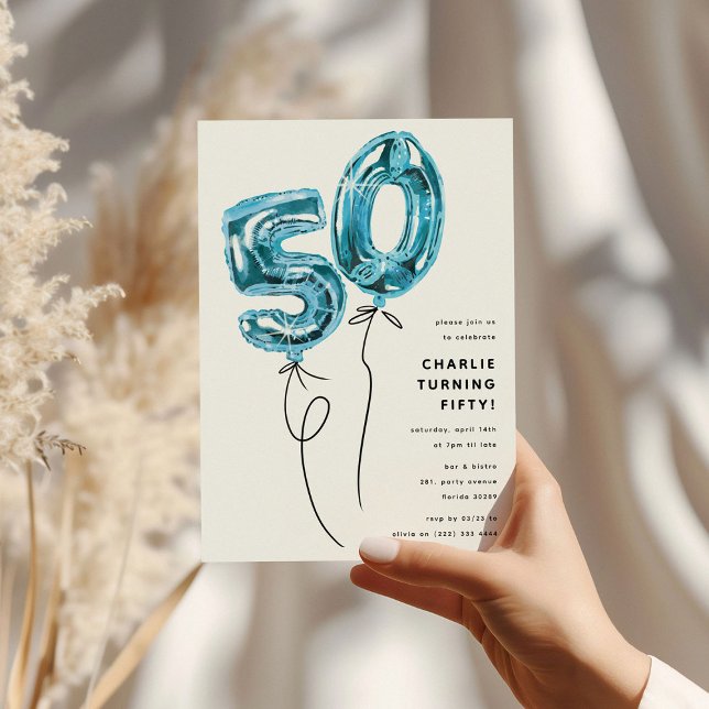 Invitation Fête d'anniversaire 50 ans Minimal Blue 50 Ballon (Créateur téléchargé)