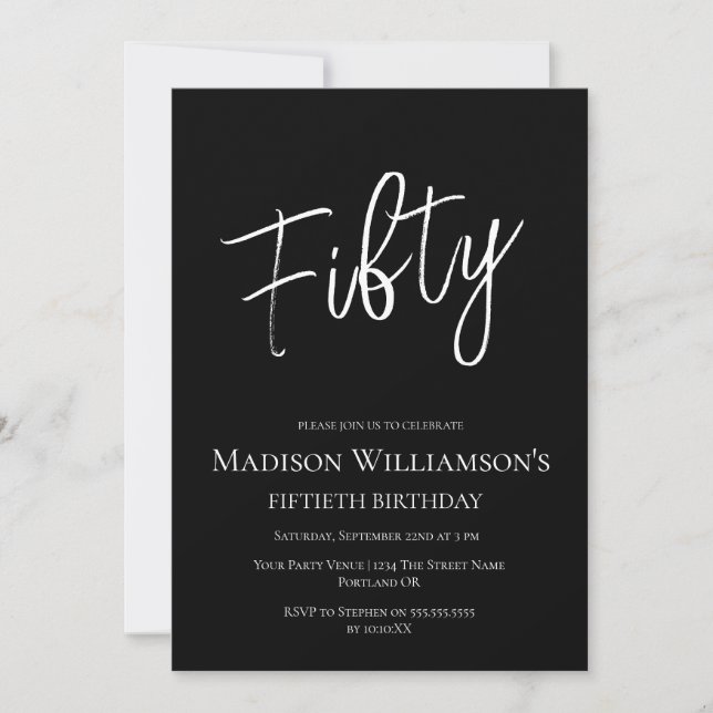 Invitation Fête d'anniversaire 50 ans minimal Fifty Noir & Bl (Devant)