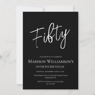 Invitation Fête d'anniversaire 50 ans minimal Fifty Noir & Bl