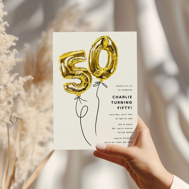 Invitation Fête d'anniversaire 50 ans Minimal Gold 50 Ballon (Créateur téléchargé)