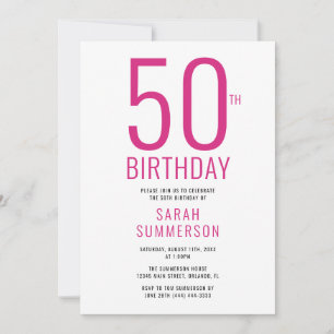 Invitation Fête d'anniversaire 50 ans minimal rose blanc