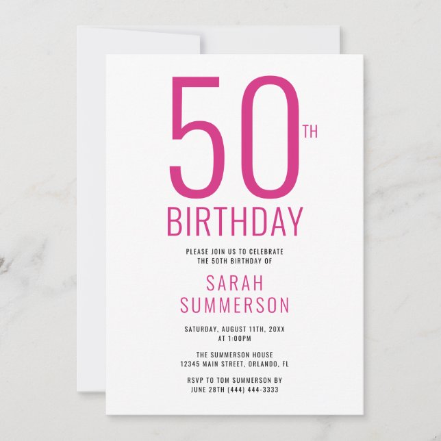 Invitation Fête d'anniversaire 50 ans minimal rose blanc (Devant)