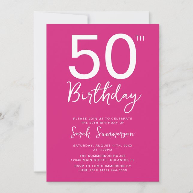 Invitation Fête d'anniversaire 50 ans Minimal Rose Blanc Scri (Devant)