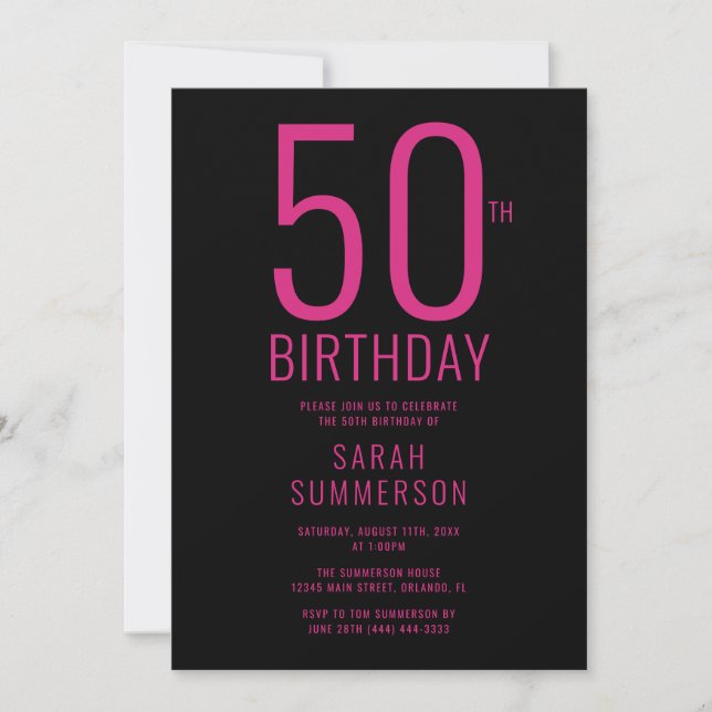 Invitation Fête d'anniversaire 50 ans minimal rose noir (Devant)