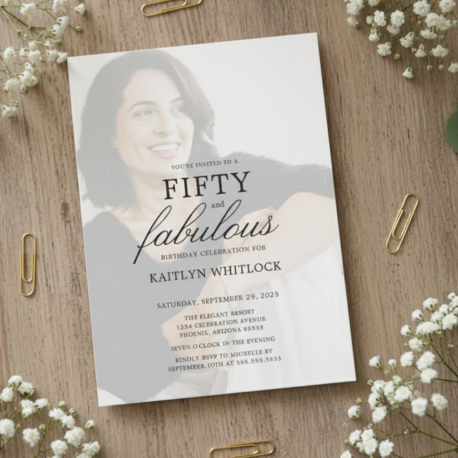 Invitation Fête d'anniversaire 50 ans Minimal Script Moderne (modern elegant fifty and fabulous 50th birthday party invitation with full photo for nifty 50 party)