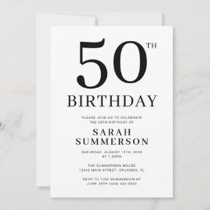 Invitation Fête d'anniversaire 50 ans minimaliste noir blanc