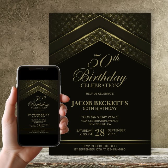 Invitation Fête d'anniversaire 50 ans moderne noir et or (Créateur téléchargé)