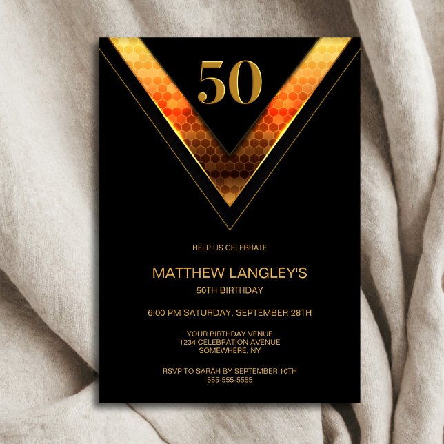 Invitation Fête d'anniversaire 50 ans moderne noir et or (Créateur téléchargé)