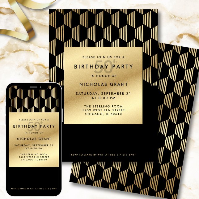 Invitation Fête d'anniversaire 50 ans Moderne Noir et Or Feui (Créateur téléchargé)