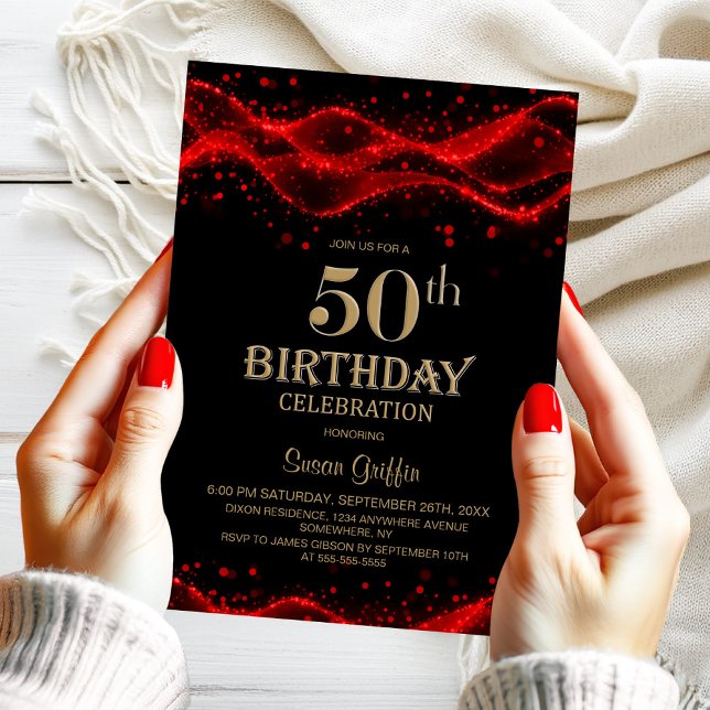 Invitation Fête d'anniversaire 50 ans moderne noir et rouge (Créateur téléchargé)