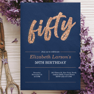 Invitation Fête d'anniversaire 50 ans Moderne Or & Bleu   Cin