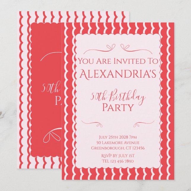 Invitation Fête d'anniversaire 50 ans Moderne Rose Rouge (Devant / Derrière)