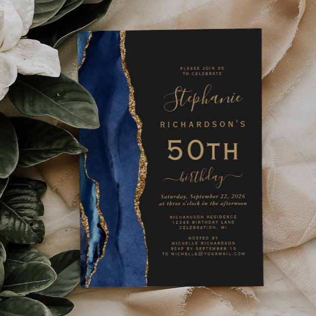 Invitation Fête d'anniversaire 50 ans Navy Blue Gold Agate Da (Créateur téléchargé)