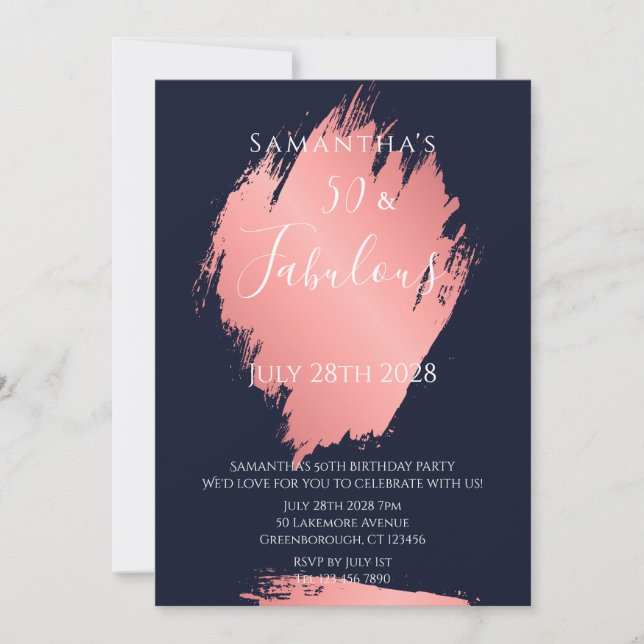 Invitation Fête d'anniversaire 50 ans Navy et Or Rose 50 Fabu (Devant)