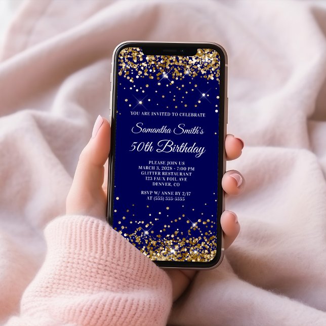 Invitation Fête d'anniversaire 50 ans Navy Paillettes Dorées (Gold Glitter Navy 50th Birthday Invitation)