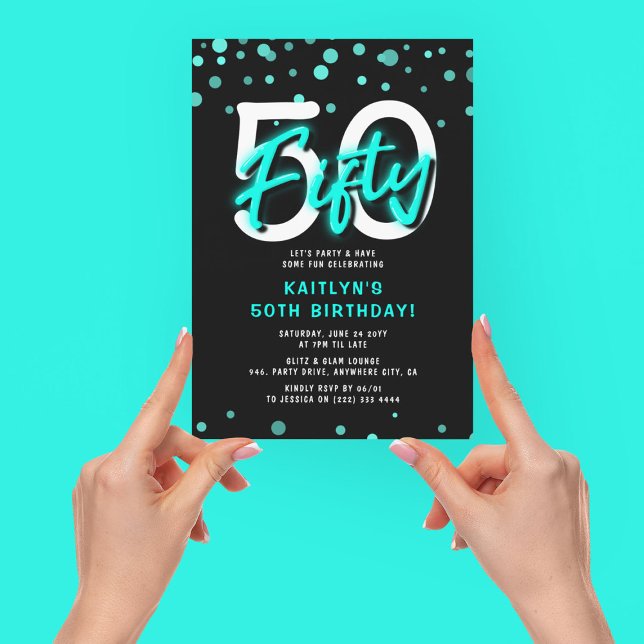 Invitation Fête d'anniversaire 50 ans Neon Teal Thirty (Créateur téléchargé)