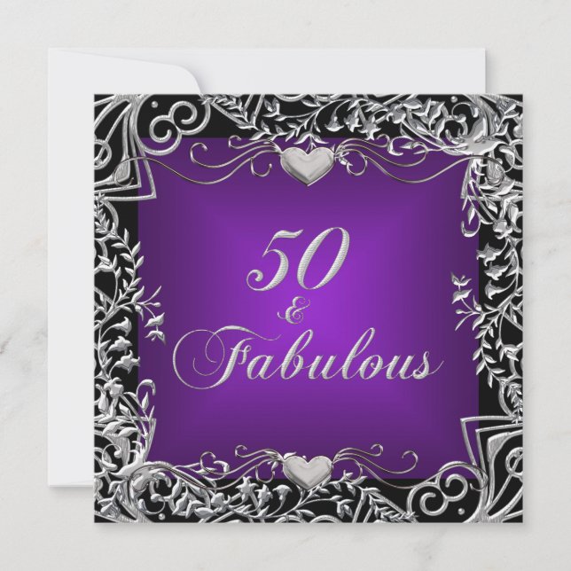Invitation Fête d'anniversaire 50 ans Noir Argent Violet fonc (Devant)