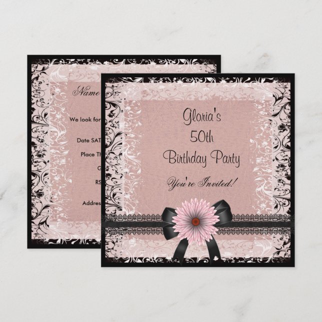Invitation Fête d'anniversaire 50 ans Noir Blanc Beige Rose F (Devant / Derrière)