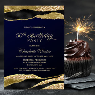 Invitation Fête d'anniversaire 50 ans Noir Bleu et Or
