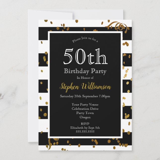 Invitation Fête d'anniversaire 50 ans noir et blanc | Paillet (Devant)
