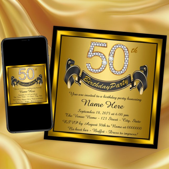Invitation Fête d'anniversaire 50 ans noir et or (Black and gold 50th birthday invitation. Instant download and printed invitations available.)
