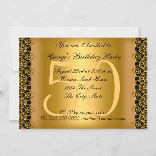 Invitation Fête d'anniversaire 50 ans noir et or (Devant)