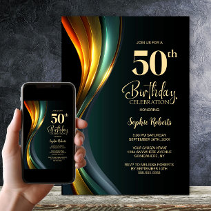Invitation Fête d'anniversaire 50 ans noir et or moderne