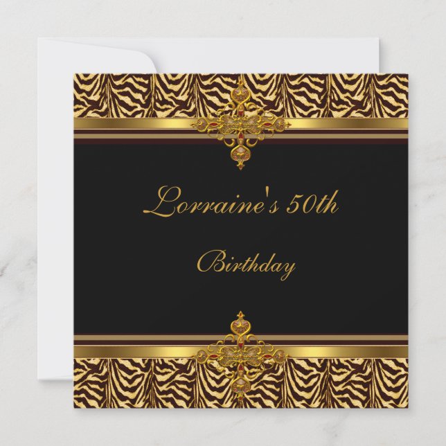 Invitation Fête d'anniversaire 50 ans Noir or rayure de zèbre (Devant)