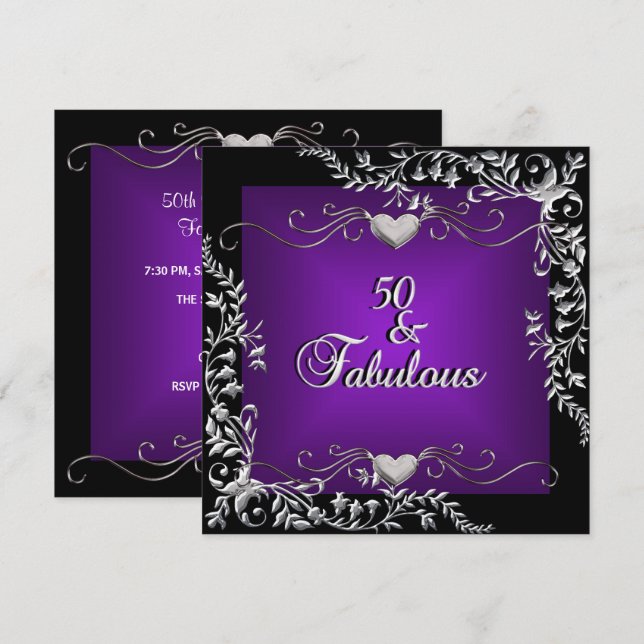 Invitation Fête d'anniversaire 50 ans Noir Violet Profond Lum (Devant / Derrière)