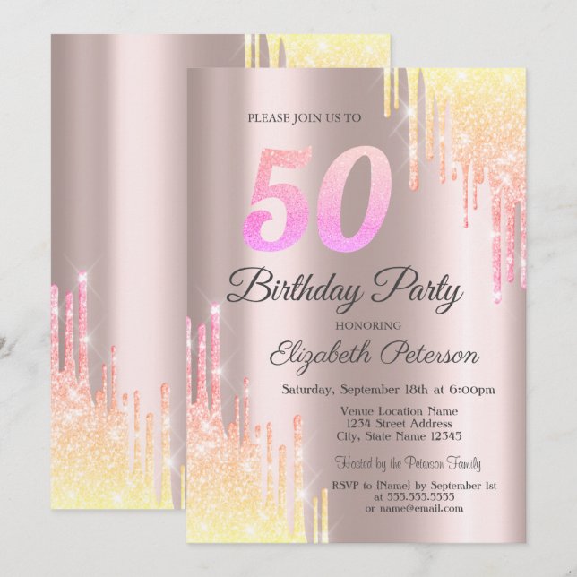 Invitation Fête d'anniversaire 50 ans Ombre Glitter Drips (Devant / Derrière)