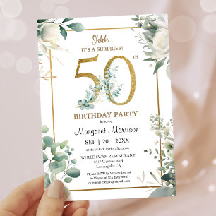 Invitation Fête d'anniversaire 50 ans Or Aquarelle Feuillage