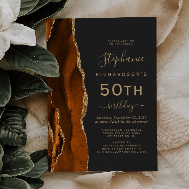 Invitation Fête d'anniversaire 50 ans Or Brûlé Agate Sombre (Créateur téléchargé)