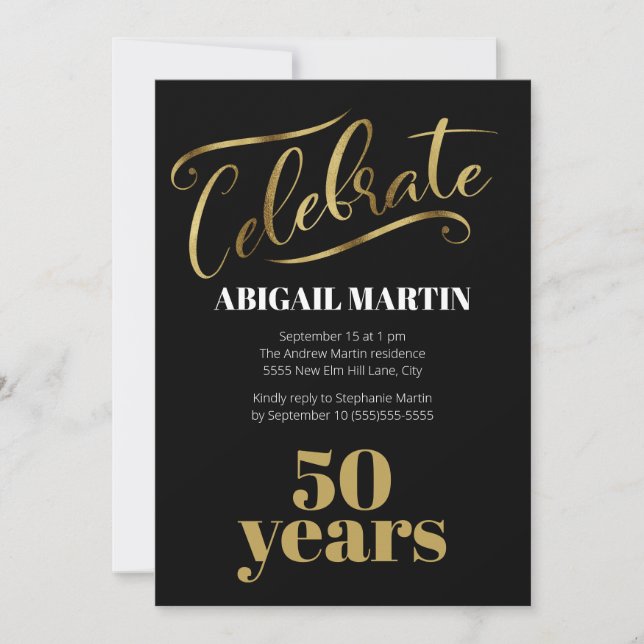 Invitation Fête d'anniversaire 50 ans Or Noir Blanc (Devant)