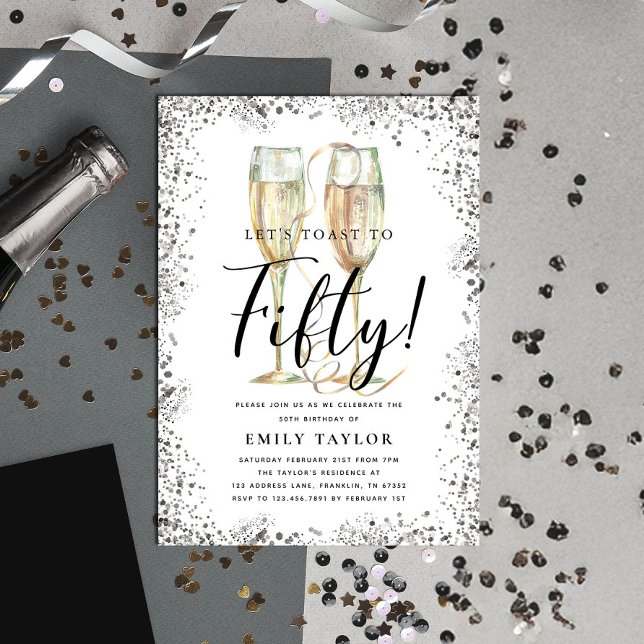 Invitation Fête d'anniversaire 50 ans Paillettes Argentées (Créateur téléchargé)