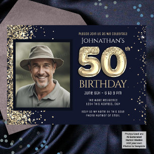 Invitation Fête d'anniversaire 50 ans paillettes bleu or 