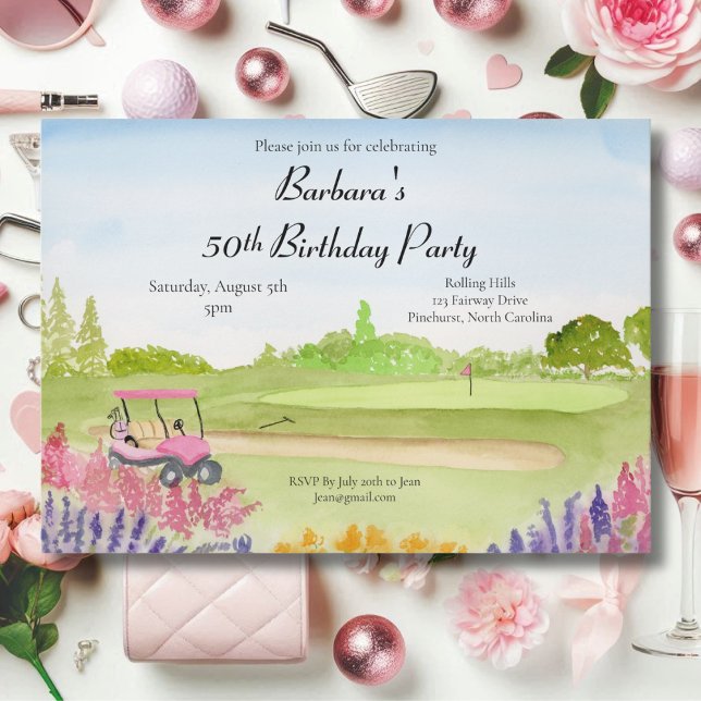 Invitation Fête d'anniversaire 50 ans Panier de golf rose Ter (Créateur téléchargé)