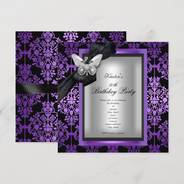 Invitation Fête d'anniversaire 50 ans Papillon Damassé Violet (Devant / Derrière)