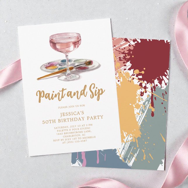 Invitation Fête d'anniversaire 50 ans Peinture à l'aquarelle  (Watercolor Drink Paint and Sip 50th Birthday Party Invitation)