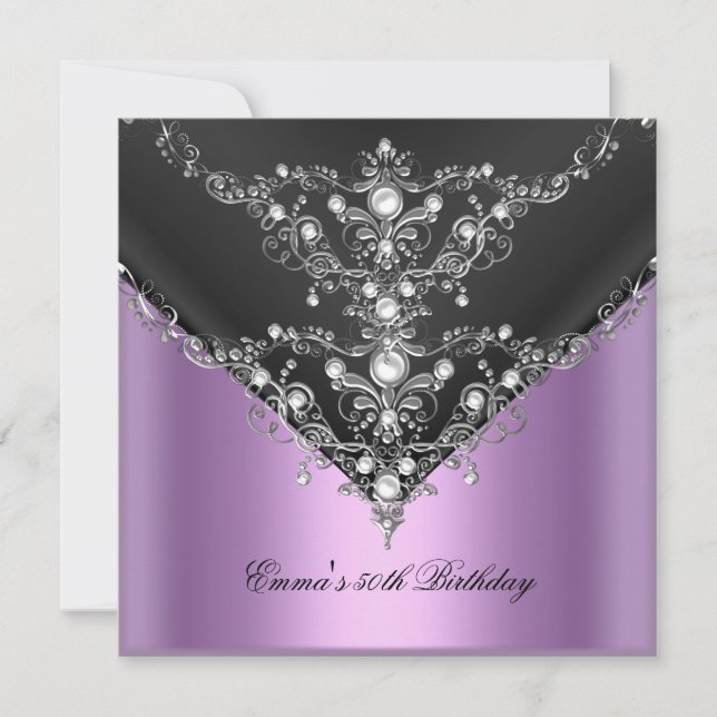 Invitation Fête d'anniversaire 50 ans Perle Violette Noir Arg (Devant)