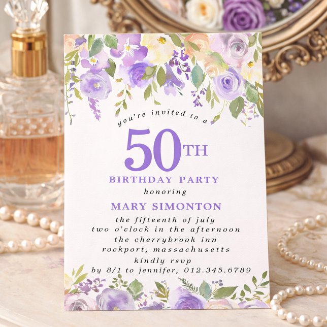 Invitation FÊTE D'ANNIVERSAIRE 50 ans PETITE Rose Fleur Viole (Créateur téléchargé)