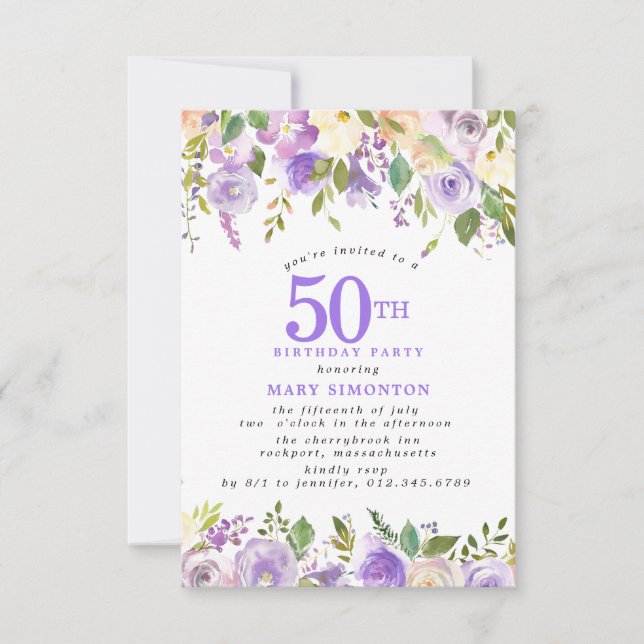 Invitation FÊTE D'ANNIVERSAIRE 50 ans PETITE Rose Fleur Viole (Devant)
