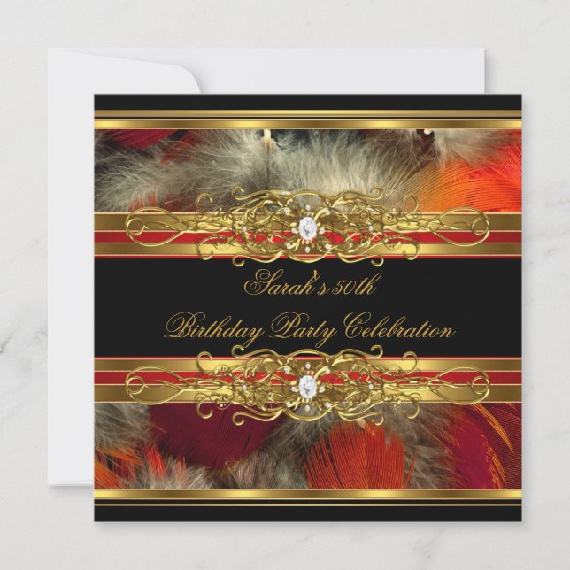 Invitation Fête d'anniversaire 50 ans plume rouge noir or (Devant)
