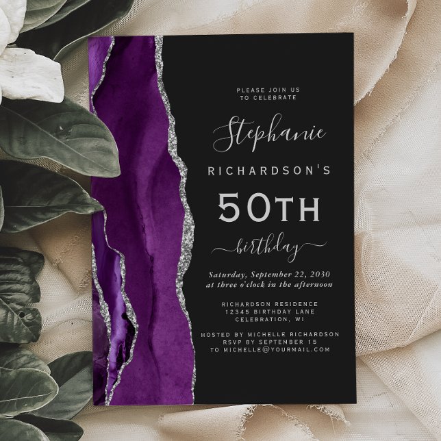 Invitation Fête d'anniversaire 50 ans Purple Silver Agate Dar (Créateur téléchargé)