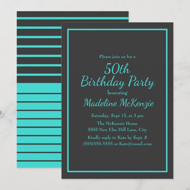 Invitation Fête d'anniversaire 50 ans rayée de turquoise noir (Devant / Derrière)