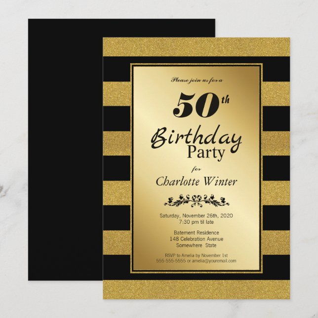 Invitation Fête d'anniversaire 50 ans rayée noir et or (Devant / Derrière)